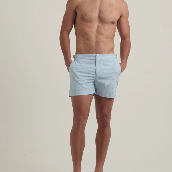 Orlebear Brown Setter Seer Sucker Shorter Length Swim Short In Blue White - Picture 1 of 10